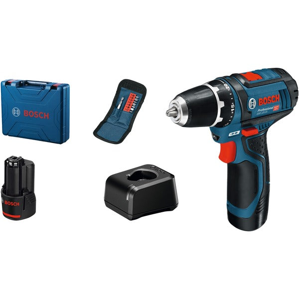 Bosch Powertools Akku-Bohrschrauber GSR 12V-15 Professional, 12Volt (blau/schwarz, 2x Li-Ionen Akku 2,0Ah, 10 Bits, Koffer)