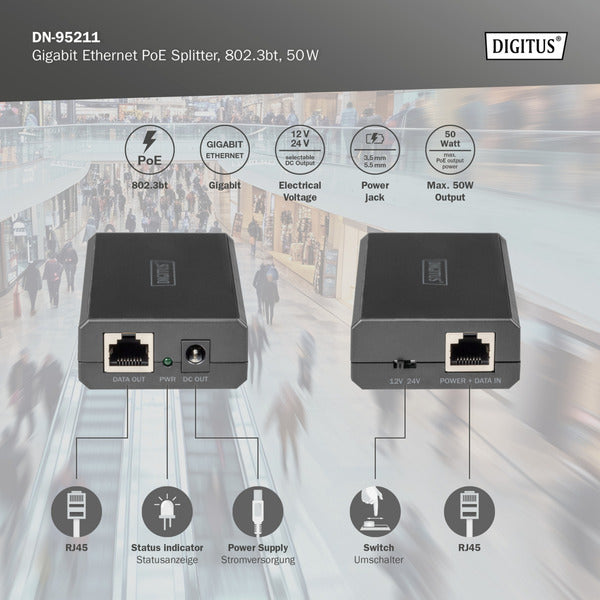 Digitus Gigabit Ethernet PoE-Splitter, 802.3bt, 51 Watt (schwarz)