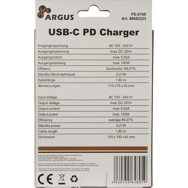 Inter-Tech Ladegerät Argus PD-2100, USB-C Charger (schwarz, 1,80m Kabel, PD 3.0, 100 Watt)