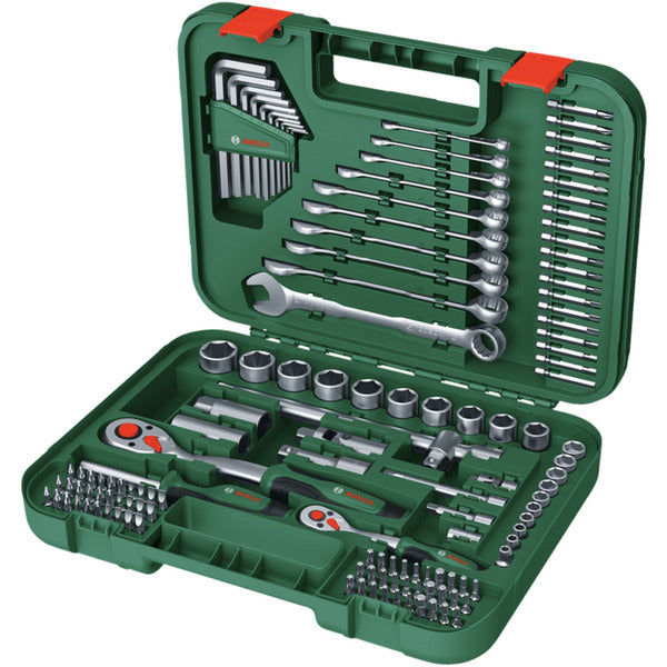 Bosch Powertools Advanced Werkzeugkoffer, 132-teilig (grün, mit 2 Umschaltknarren 1/4" und 1/2")