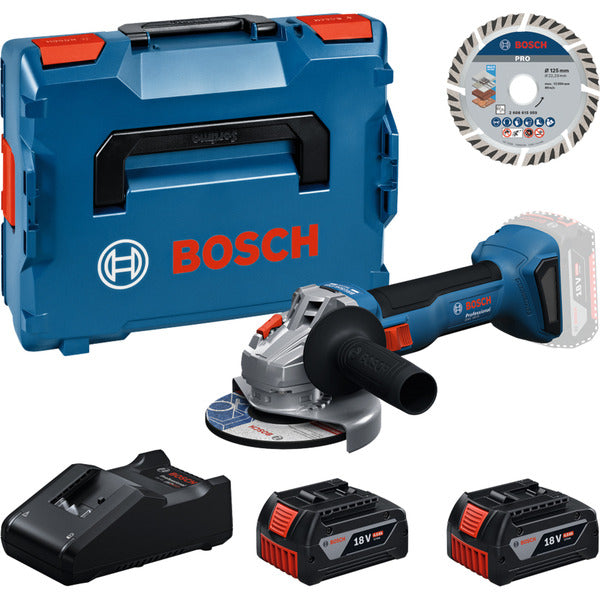 Bosch Powertools Werkzeug-Set Akku Winkelschleifer mit 2 Akkus 4.0 Amperestunden und Trennscheibe 125 mm in L-BOXX