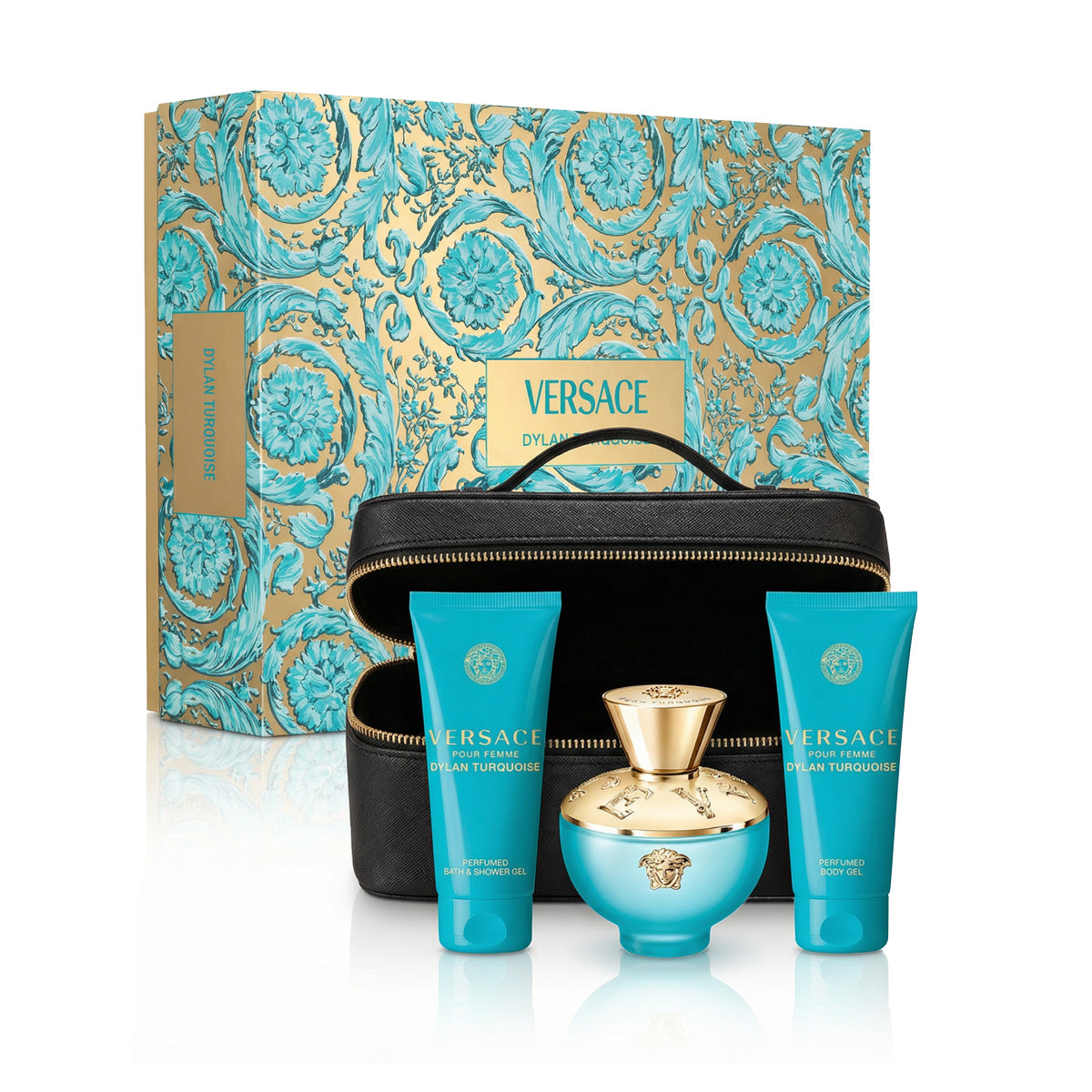 Versace Pour Femme Dylan Turquoise Eau de Toilette 100 ml with Shower Gel 100 ml, Body Lotion 100 ml, and Cosmetic Bag for Women