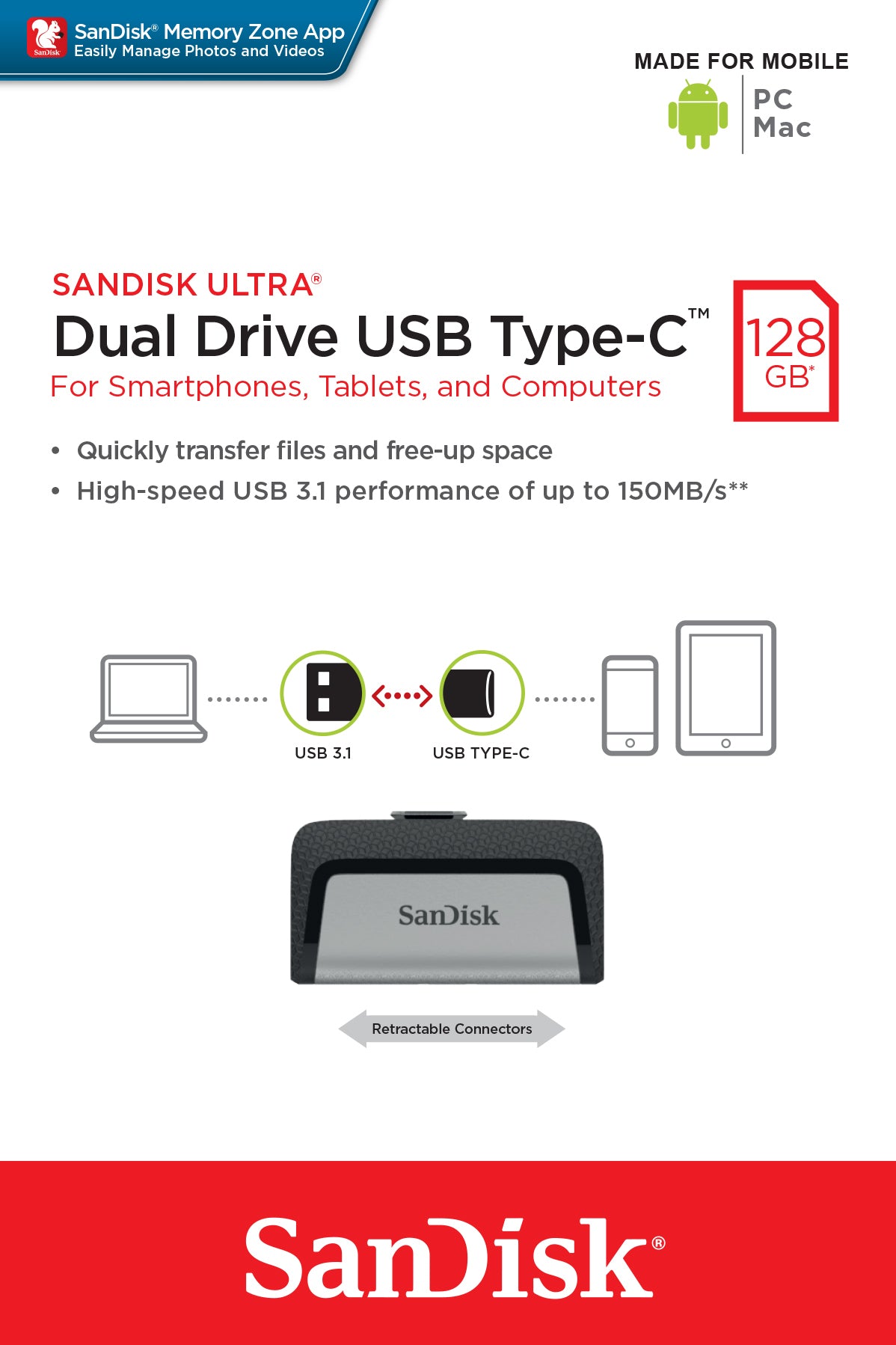 SanDisk Ultra Dual USB Type-C Drive 128 GB (USB-A 3.2 Gen 1, USB-C 3.2 Gen 1)