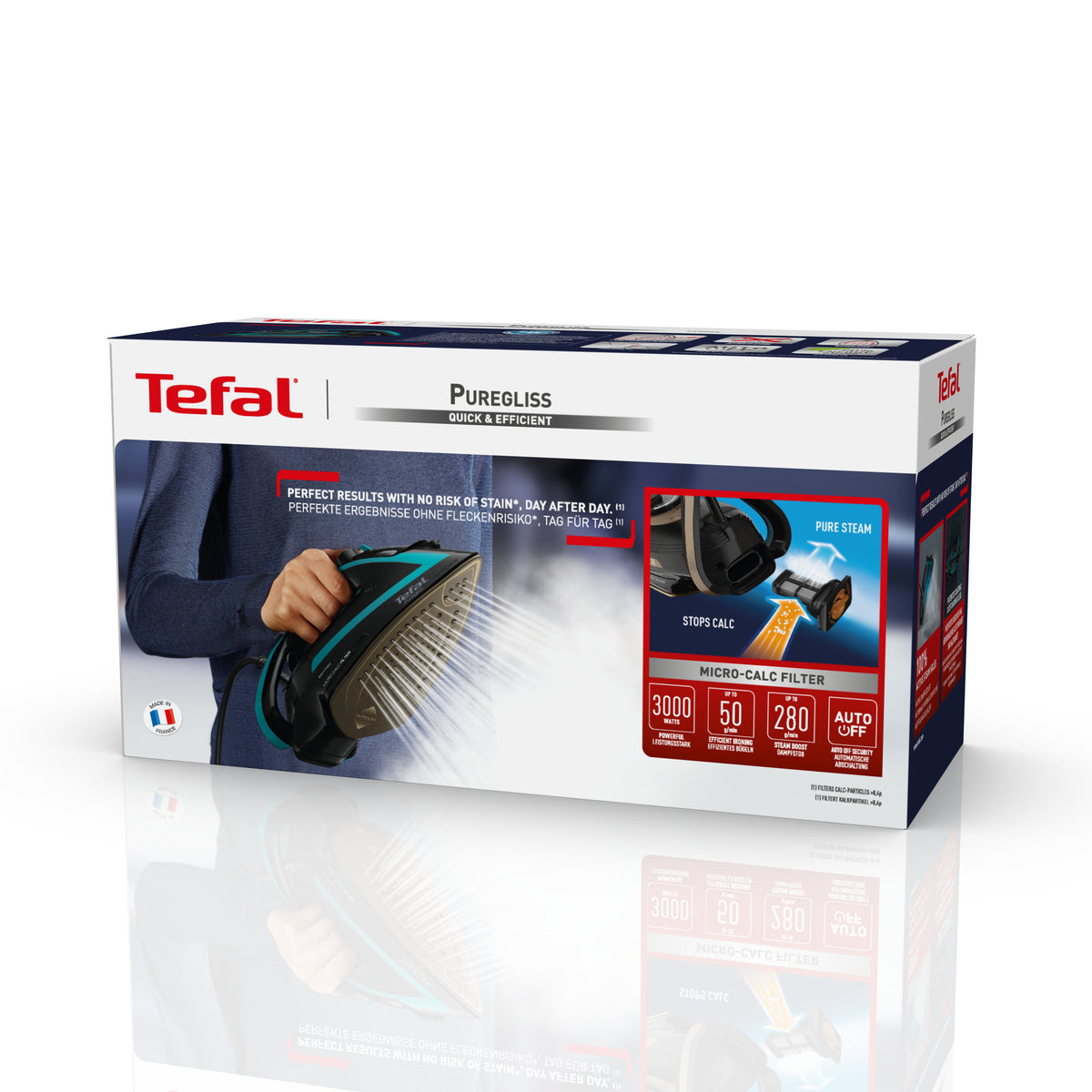 Tefal Puregliss FV8066 Dry & Steam Iron with Durilium AirGlide Autoclean Soleplate, 3000 W, Black/Blue