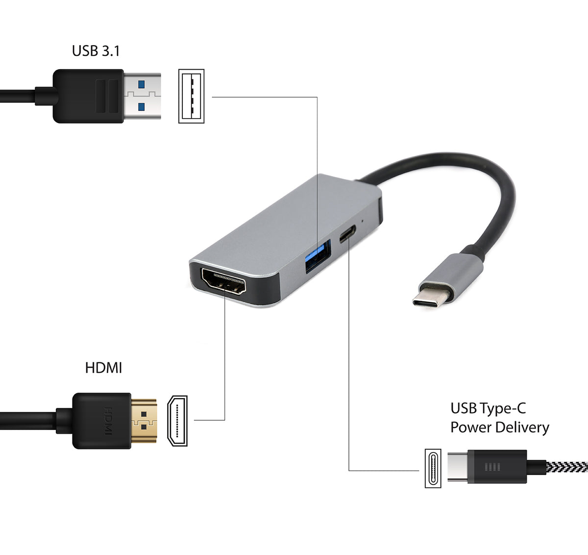 Gembird A-CM-COMBO3-02 USB Type-C 3-in-1 Multi-Port Adapter (USB + HDMI + PD), Silver