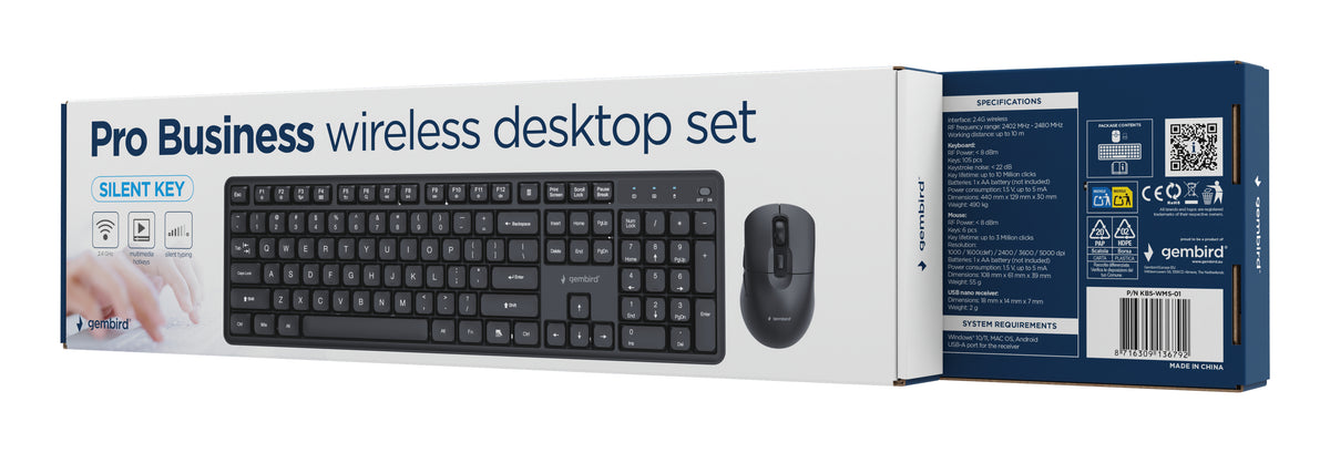 Gembird KBS-WMS-01 Silent key Pro Business wireless desktop set, black, US layout