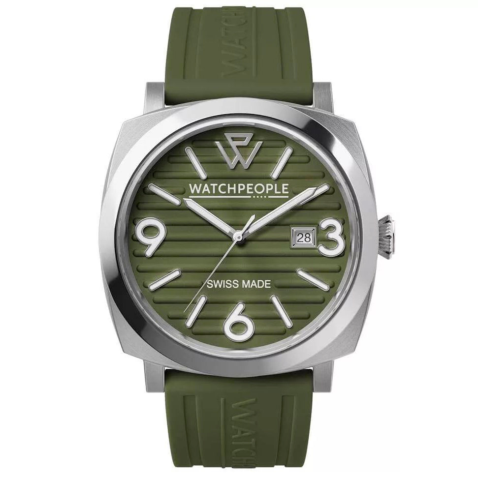 Watchpeople Women Quartz Analog Watch Model 700998, 45mm, Stainless Steel Case in Grey with Green Silicone Strap and Dial