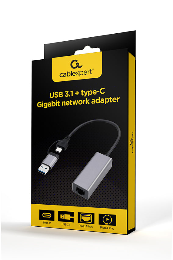 Gembird A-USB3AC-LAN-01 USB 3.1 + Type-C Gigabit Network Adapter, Space Grey