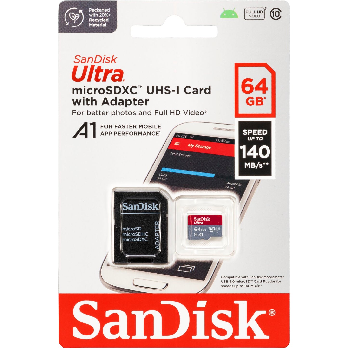 SanDisk Ultra microSDXC A1 64GB 140MB/s Memory Card with Adapter SDSQUAB-064G-GN6MA
