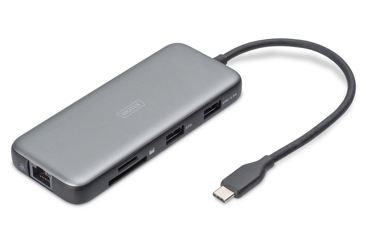DIGITUS USB-C Docking Hub — HDMI, USB 3.2, RJ45, SD & MicroSD, PD, Aluminum (Silver)
