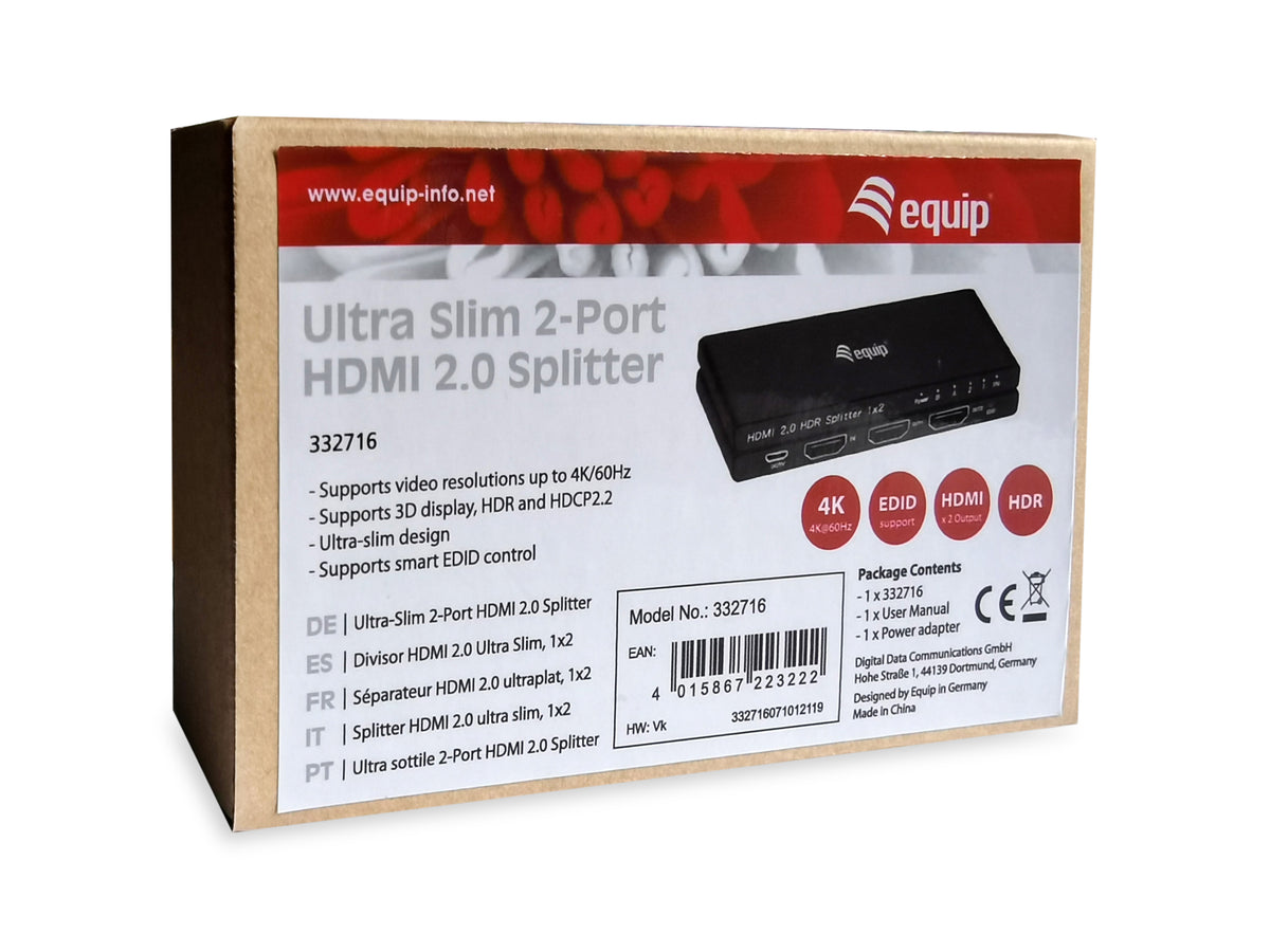 Equip HDMI2.0 2-Port Splitter Ultra Slim 4K/ 60Hz schwarz
