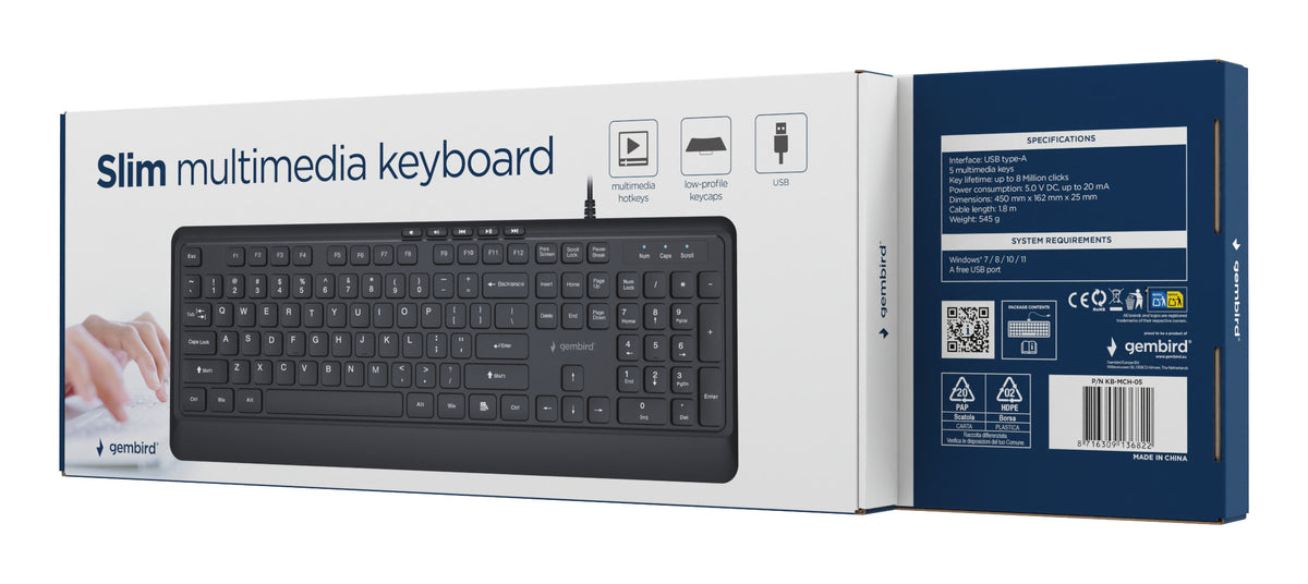 Gembird KB-MCH-05 Slim wired multimedia keyboard, black, US layout