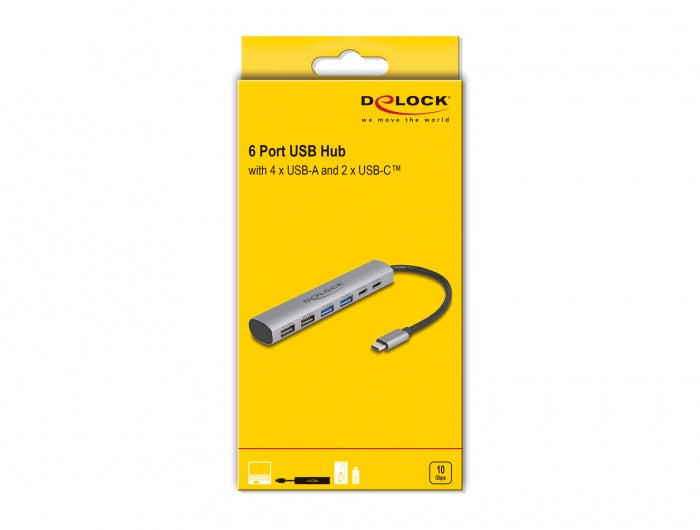 DELOCK 6-Port USB Hub with 4x USB-A and 2x USB-C Ports