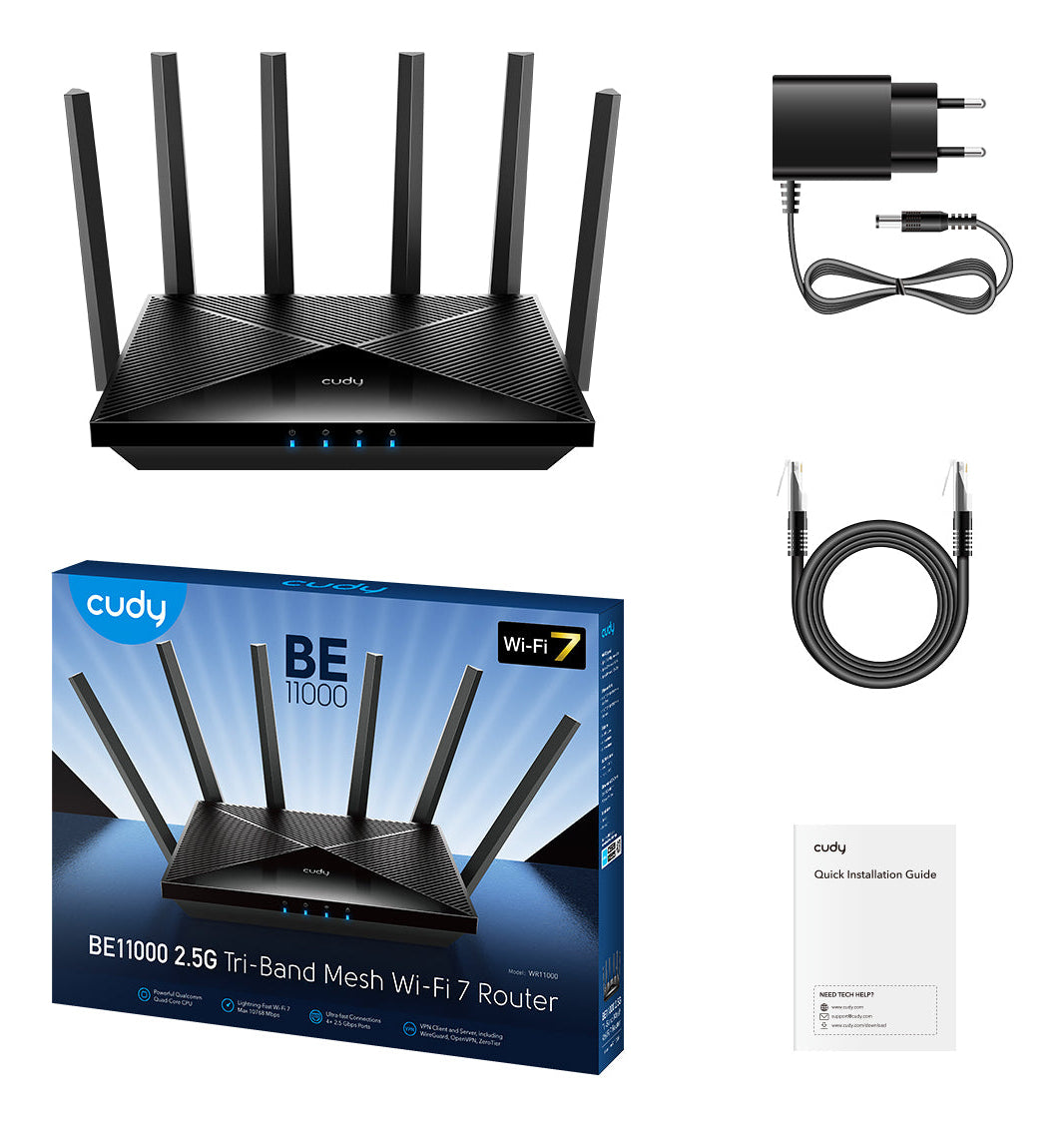 Ασύρματος δρομολογητής Cudy WR11000 με 2,5 Gigabit Ethernet, τριπλής μπάντας (2,4 GHz / 5 GHz / 6 GHz), μαύρος