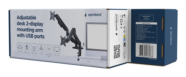 Gembird MA-DA2U-01 Adjustable desk 2-display mounting arm with USB ports, 17”-32”, black