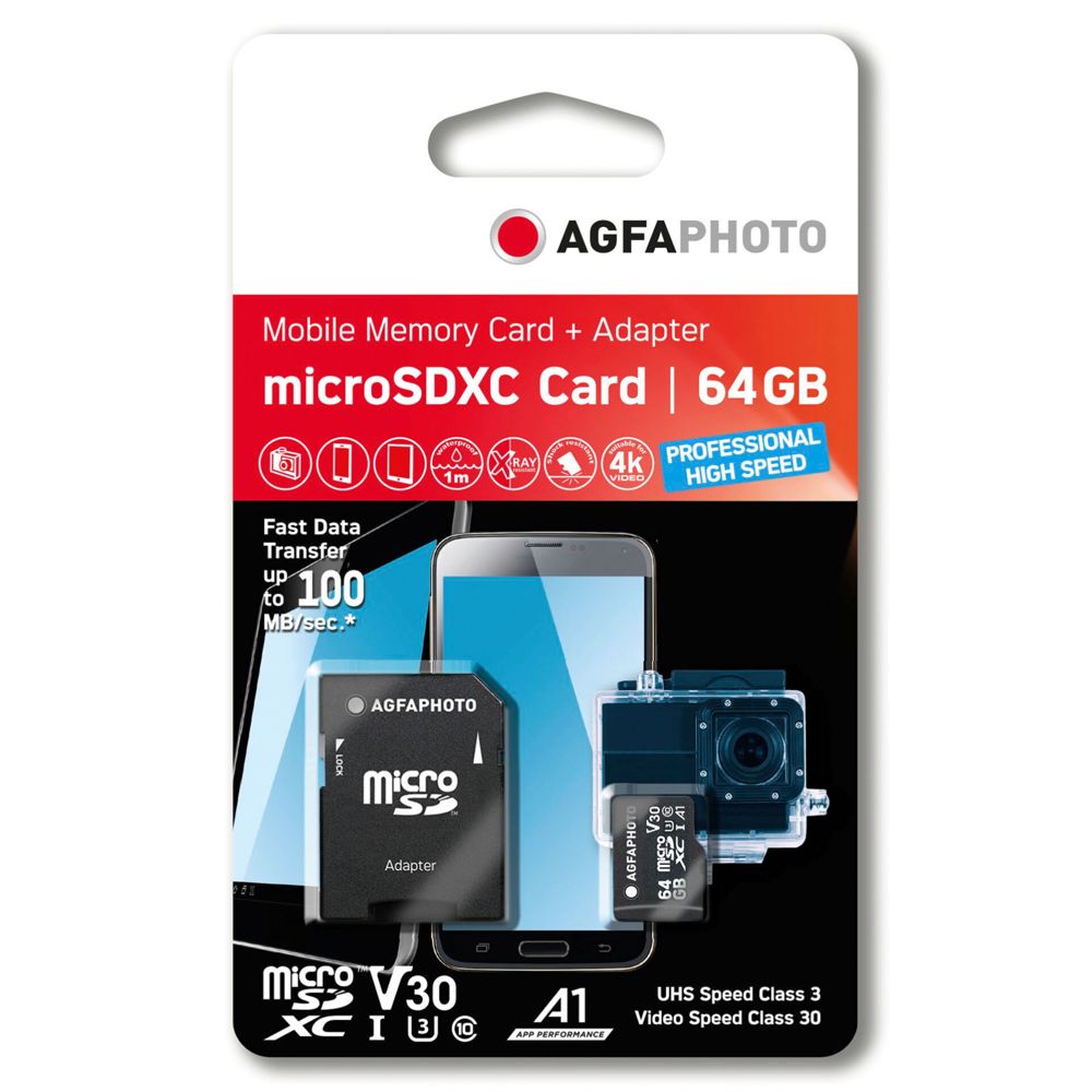 AgfaPhoto MicroSDXC UHS I 64GB Prof. High Speed U3 V30 A1