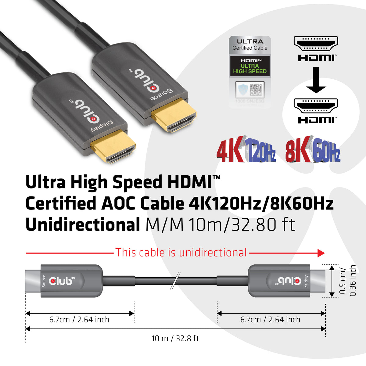 Club3D Active Optical HDMI Cable A → A 2.1, 8K60Hz UHD, 10 Meter (Retail)