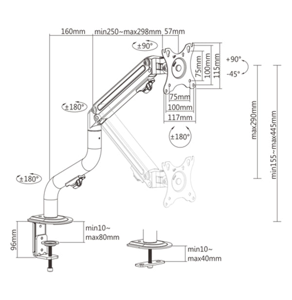 Gembird MA-DA1-02 Adjustable Desk Display Mounting Arm (Tilting), 17"–32", up to 8 kg