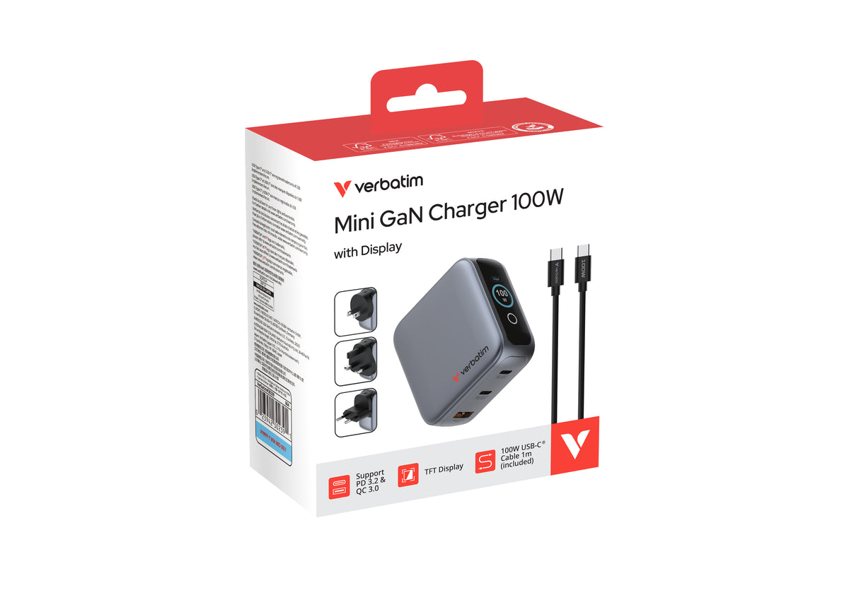 Verbatim Mini GaN Charger 100W with Display 2xUSB-C +1xA 30239