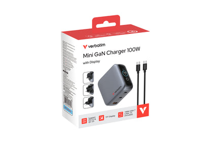Verbatim Mini GaN Charger 100W with Display 2xUSB-C +1xA 30239