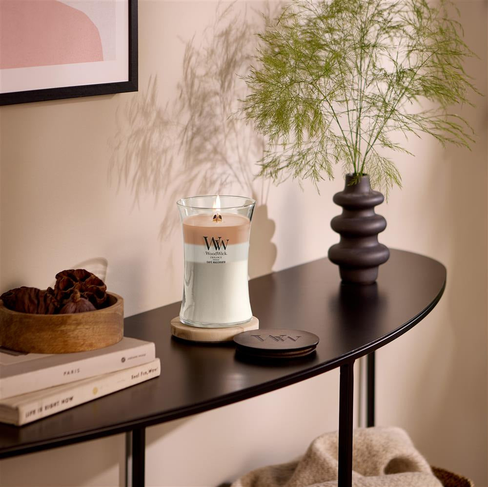 WoodWick Café Macchiato Cylinder Wax Candle — Coffee Scent, White/Brown, 1 pc