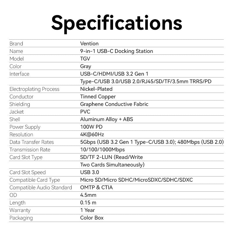 Vention USB-C 9-in-1 4K 60Hz 100W docking station
