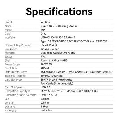 Vention USB-C 9-in-1 4K 60Hz 100W docking station