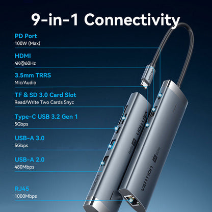 Vention USB-C 9-in-1 4K 60Hz 100W docking station