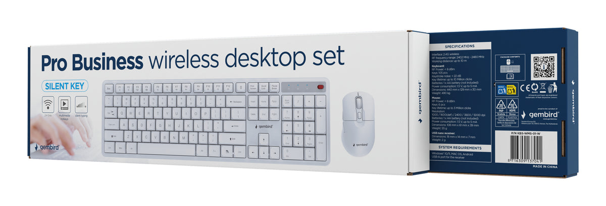 Gembird KBS-WMS-01-W Silent key Pro Business wireless desktop set, white, US layout