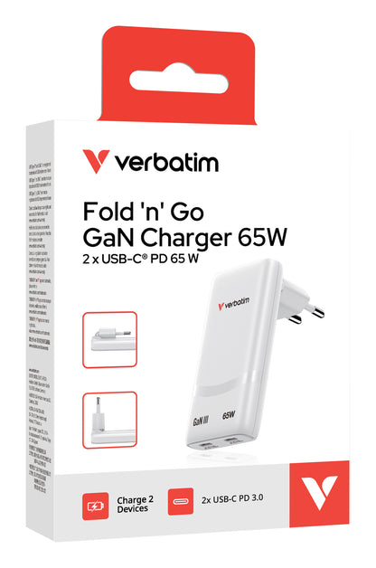 Verbatim Fold n Go GaN Charger 65W 2x USB-C White Foldable Stand 32355