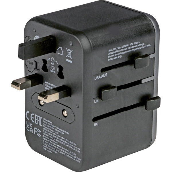 Verbatim Universal-Reiseadapter UTA-04 (schwarz/silber, 3x USB-A, 2x USB-C)