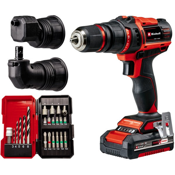 Einhell Power X-Change Akku-Bohrschrauber TE-CD 18/45 3X-Li +22, 18Volt (rot/schwarz, Li-Ion-Akku 2,0Ah, 22-teiliges Zubehör)