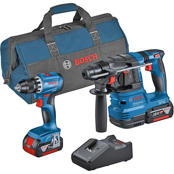 Bosch Powertools Kombi-Set Akku-Bohrschrauber GSR 18V-45 + Akku-Bohrhammer GBH 18V-22 (blau, 2x Li-Ionen Akku 4,0Ah, Werkzeugtasche)