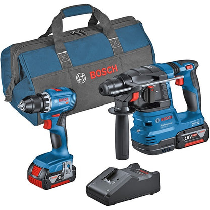 Bosch Powertools Kombi-Set Akku-Bohrschrauber GSR 18V-45 + Akku-Bohrhammer GBH 18V-22 (blau, 2x Li-Ionen Akku 4,0Ah, Werkzeugtasche)