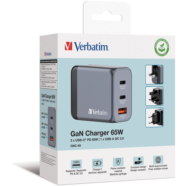Verbatim GaN-Ladegerät 65W, 1x USB-A , 2x USB-C (grau, PD 3.0, QC 3.0)