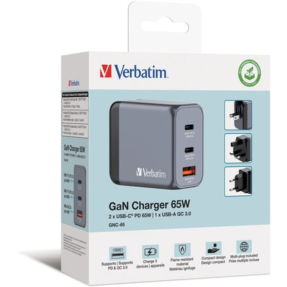 Verbatim GaN-Ladegerät 65W, 1x USB-A , 2x USB-C (grau, PD 3.0, QC 3.0)