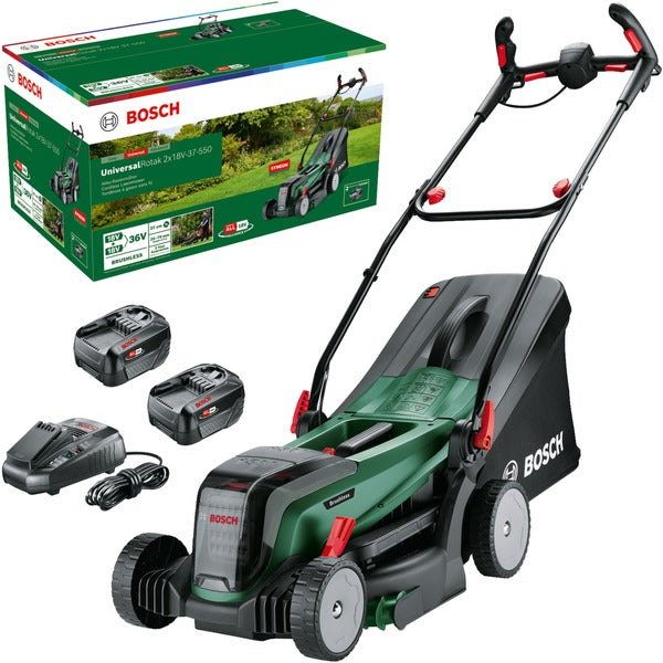 Bosch Powertools Akku-Rasenmäher UniversalRotak 2x18V-37-550, 36Volt (2x18V) (grün/schwarz, 2x Li-Ionen Akku 4,0Ah, POWER FOR ALL ALLIANCE)