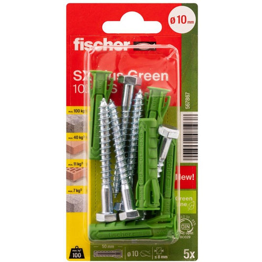 Fischer Dübel SX Plus Green 10x50 S K (grün, 5 Stück, mit Schraube)
