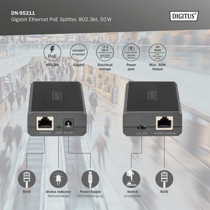 Digitus Gigabit Ethernet PoE-Splitter, 802.3bt, 51 Watt (schwarz)