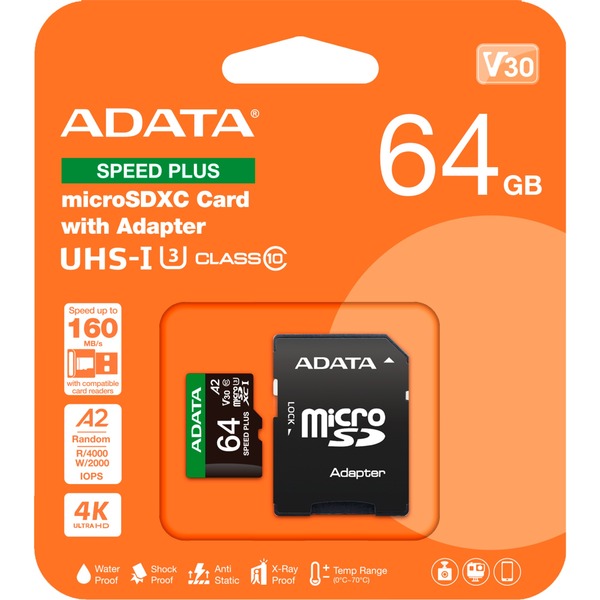 ADATA SPEED PLUS microSDXC 64 GB (UHS-I U3, Class 10, V30, A2)