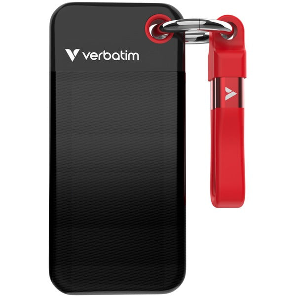 Verbatim Pocket SSD 1 TB, Externe SSD (schwarz/rot, USB-C 3.2 Gen 2 (10 Gbit/s), mit Schlüsselring und Kabelhalter)