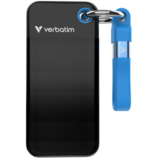 Verbatim Pocket SSD 2 TB, Externe SSD (schwarz/blau, USB-C 3.2 Gen 2 (10 Gbit/s), mit Schlüsselring und Kabelhalter)
