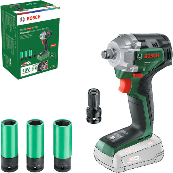 Bosch Powertools Akku-Schlagschrauber UniversalImpactDrive 18V-350 solo (grün, ohne Akku und Ladegerät, inkl. 3 Steckschlüsseleinsätze, POWER FOR ALL ALLIANCE)