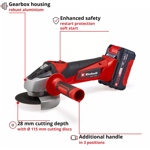 Einhell Power X-Change Akku-Winkelschleifer TC-AG 18/115 Li Kit, 18Volt (rot/schwarz, Li-Ion-Akku 4,0Ah)