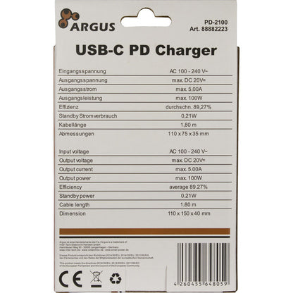 Inter-Tech Ladegerät Argus PD-2100, USB-C Charger (schwarz, 1,80m Kabel, PD 3.0, 100 Watt)