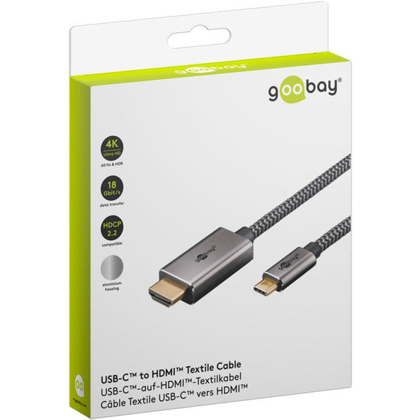 Goobay USB Textil-Adapterkabel, USB-C Stecker > HDMI Stecker, 4K / 60Hz (schwarz/silber, 2 Meter)