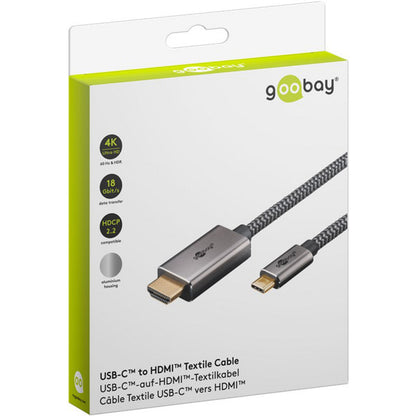 Goobay USB Textil-Adapterkabel, USB-C Stecker > HDMI Stecker, 4K / 60Hz (schwarz/silber, 2 Meter)
