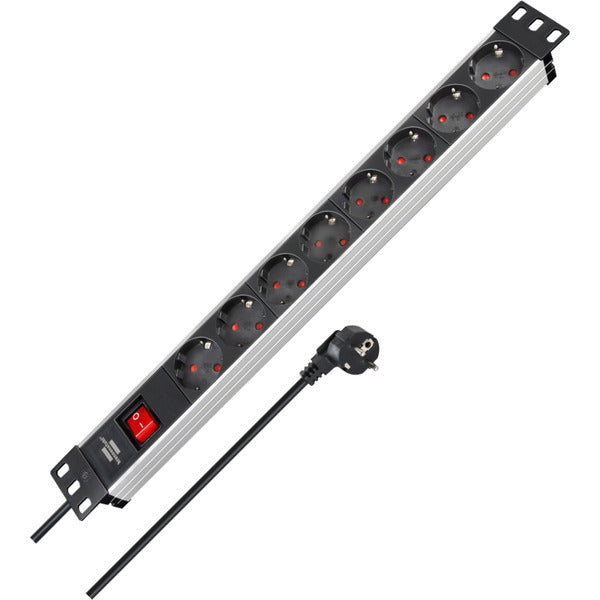 Brennenstuhl Alu-Line 19" Steckdosenleiste 8-fach, mit Schalter (schwarz/aluminium, 1HE, 2 Meter Kabel, für Netzwerk- oder Serverschränke)
