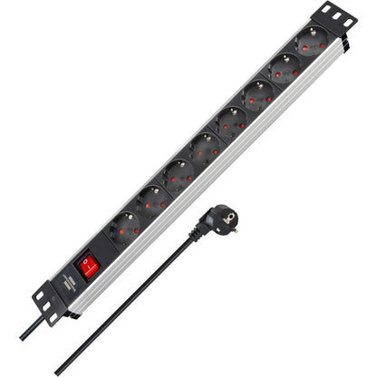 Brennenstuhl Alu-Line 19" Steckdosenleiste 8-fach, mit Schalter (schwarz/aluminium, 1HE, 2 Meter Kabel, für Netzwerk- oder Serverschränke)