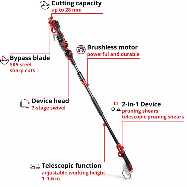Einhell Professional Akku-Teleskop-Astschere GP-LS 18/28 Li T BL-Solo, 18Volt (rot/schwarz, ohne Akku und Ladegerät, 2-in-1 Astschere oder Teleskopschere)
